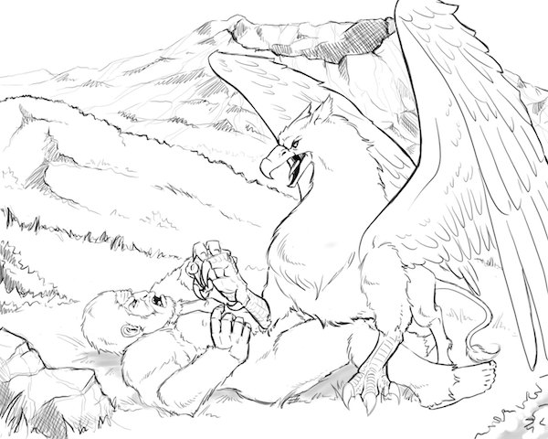 A view of a griffin and bigfoot locked in a tussle